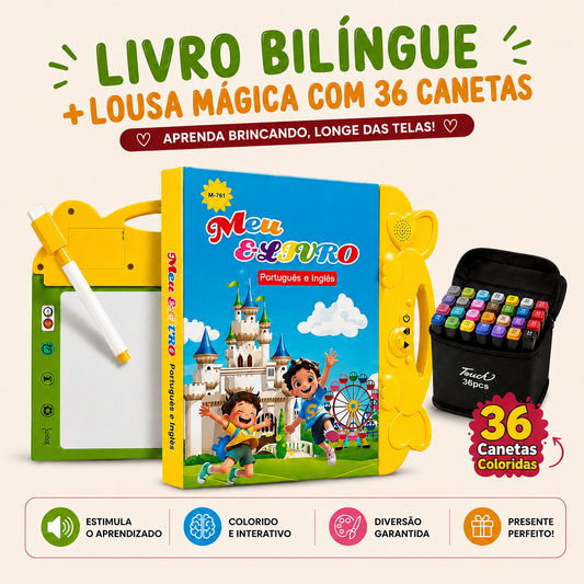 Livro Bilíngue Toque & Som + Lousa Mágica + 36 Canetas