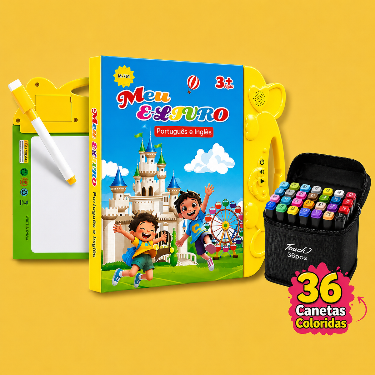 Livro Bilíngue Toque & Som + Lousa Mágica + 36 Canetas