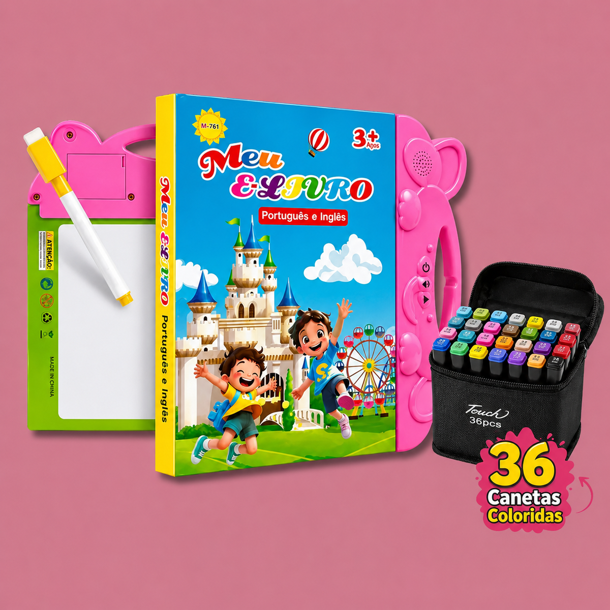 Livro Bilíngue Toque & Som + Lousa Mágica + 36 Canetas