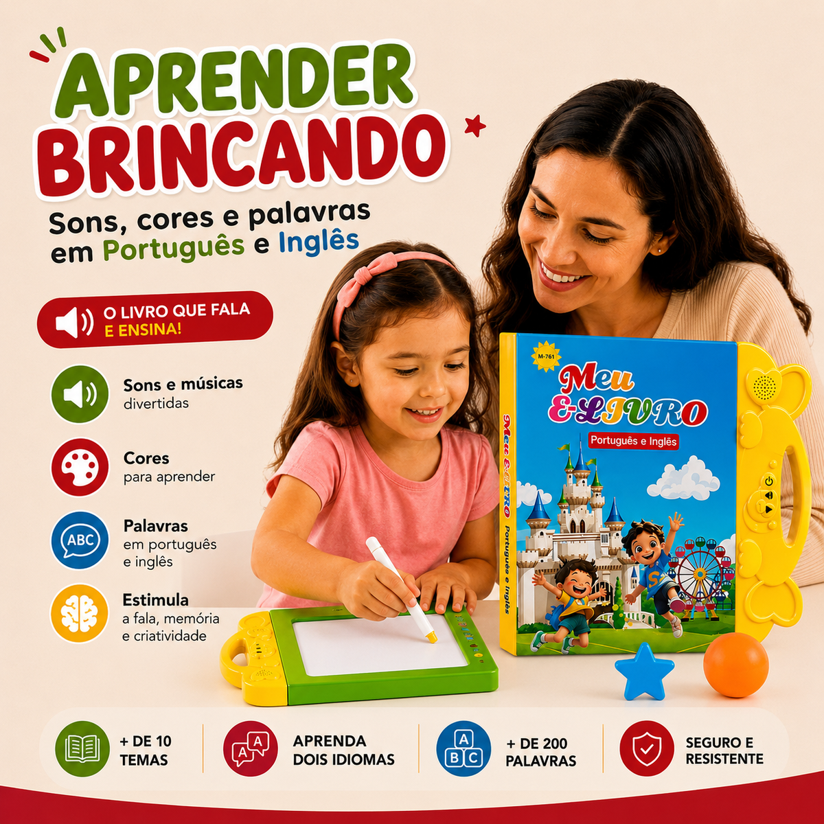 Livro Bilíngue Toque & Som + Lousa Mágica + 36 Canetas