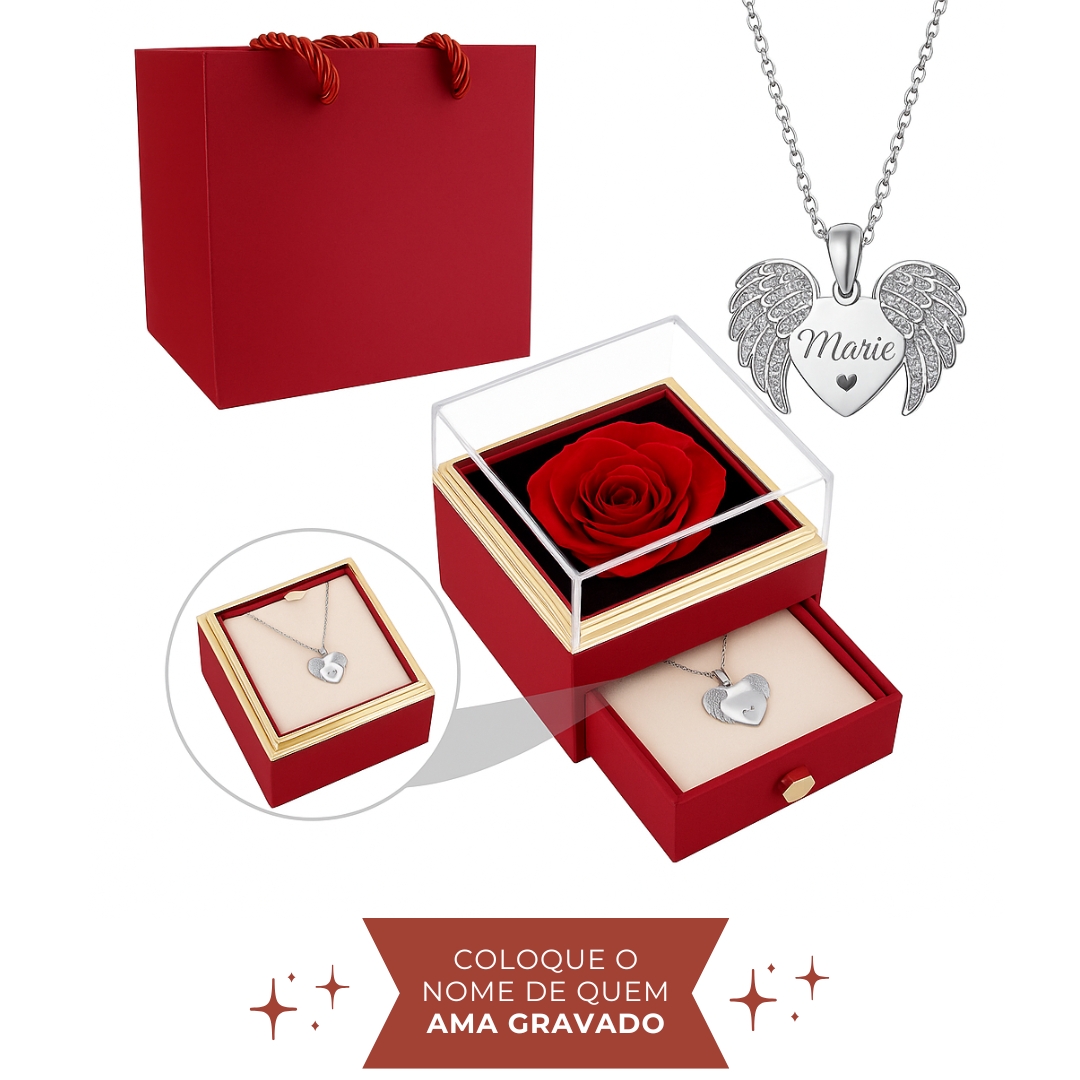 Colar Asas de Anjo Personalizável + Caixa de Flor Rotativa de Brinde Position 1