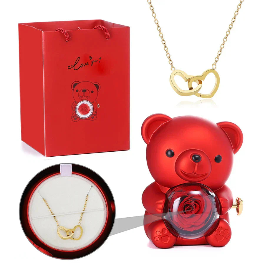 Urso Encanto™ Rosa Real + Colar Personalizado com 2 Corações Position 1