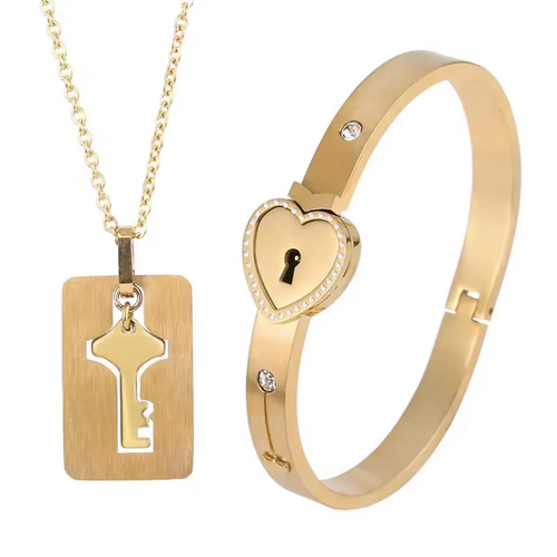 Conjunto Colar & Pulseira Chave do Amor: Dois Corações Unidos