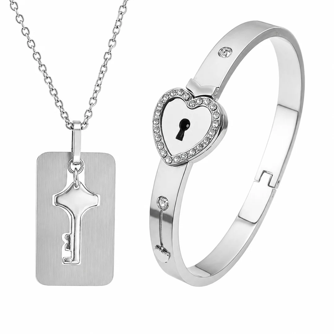 Conjunto Colar & Pulseira Chave do Amor: Dois Corações Unidos